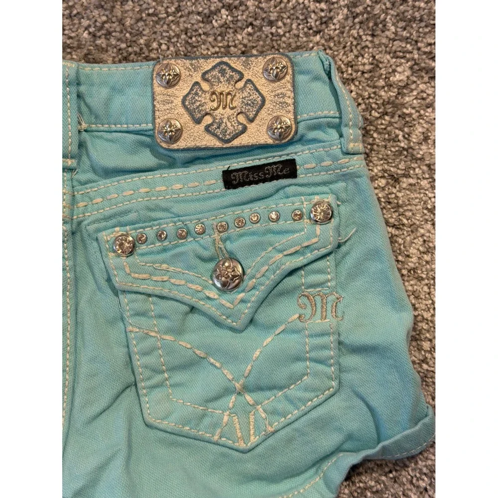Miss Me Shorts Girls 10 Aqua JK5180H13 Dinosaur Rhinestone Embellished Denim